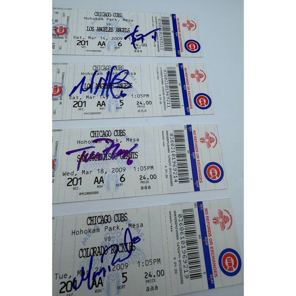 Lot of 4 Signed 2009 Chicago Cubs Spring Training Tickets Autographed Gathright